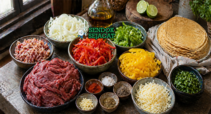 Susunan bahan seperti daging sapi, bacon, paprika warna-warni, bawang bombay, keju, dan daun ketumbar dalam wadah rapi