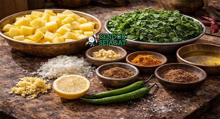 Koleksi bahan resep Aloo Methi termasuk kentang, daun methi segar, bawang bombay, bawang putih, jahe, cabai hijau, dan rempah India siap ditumis