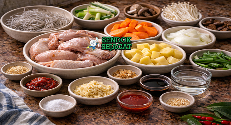 Bahan-bahan resep Andong jjimdak terdiri dari ayam potong, mie kaca, kentang, wortel, bawang bombay, gochujang, kecap asin dan rempah segar siap dimasak di dapur rumah