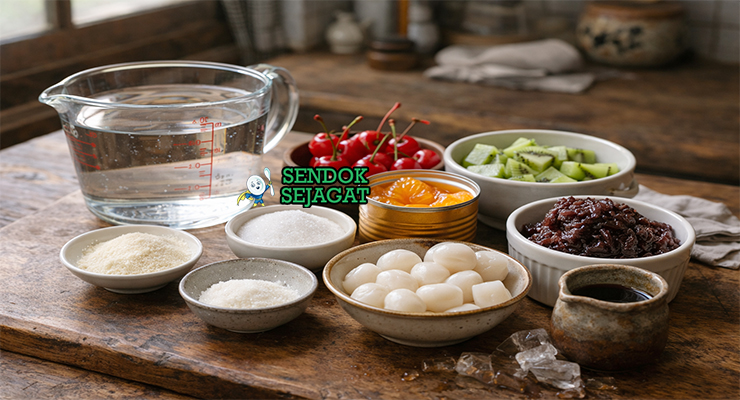 Koleksi bahan resep anmitsu termasuk bubuk agar-agar, anko, ceri segar, kiwi, mandarin, kuromitsu, dan shiratama siap dimasak