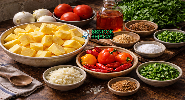 Koleksi bahan resep asaro termasuk ubi kuning, cabai scotch bonnet, tomat, bawang bombay, minyak sawit, dan crayfish siap dimasak