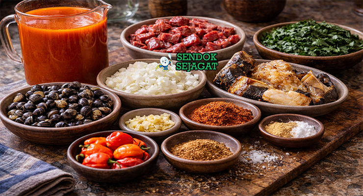 Koleksi bahan resep Atama Soup termasuk ekstrak buah kelapa sawit, daging sapi, ikan asap, periwinkle, crayfish, bawang, cabai, dan daun atama siap dimasak ala Nigeria
