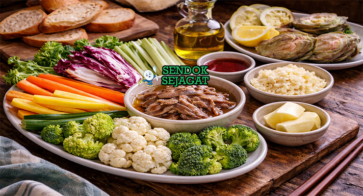 Koleksi bahan resep bagna càuda termasuk anchovy, bawang putih, minyak zaitun, mentega, dan berbagai sayuran segar siap dimasak