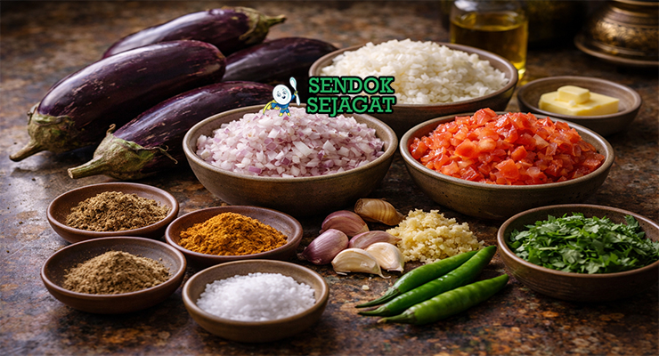 Koleksi bahan resep Baingan Ka Bharta termasuk terong ungu besar, bawang bombay, tomat, bawang putih, jahe, cabai, rempah India, dan daun ketumbar siap dibakar dan ditumbuk