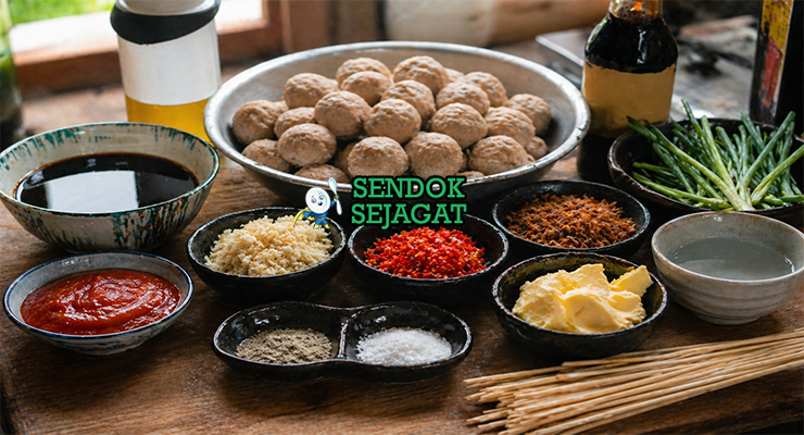 Susunan bahan bakso bakar khas Malang terdiri dari bakso sapi, kecap manis, saus sambal, cabai merah, bawang putih, gula merah, margarin, dan bumbu lain yang ditata rapi di atas meja dapur