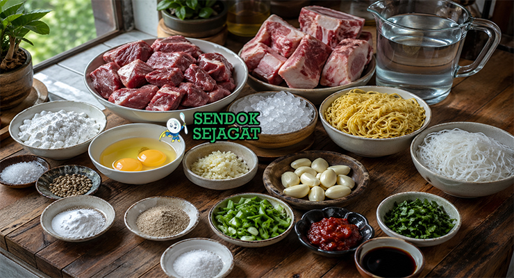 Susunan bahan bakso beranak terdiri dari daging sapi giling, tepung tapioka, bawang putih, es batu, telur, serta pelengkap seperti mie, bihun, dan daun bawang tertata rapi di meja dapur