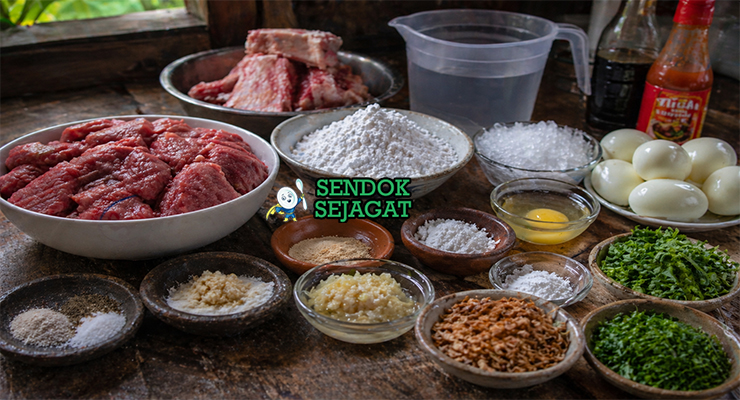Susunan bahan bakso telur terdiri dari daging sapi segar, telur rebus, tepung tapioka, bawang putih, merica, garam, es batu, dan bumbu pelengkap tertata rapi di meja dapur
