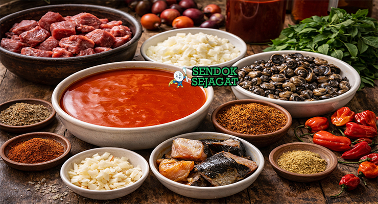Koleksi bahan resep Banga Soup termasuk ekstrak buah kelapa sawit, daging sapi, ikan asap, periwinkle, crayfish, bawang, cabai, dan daun beletete siap dimasak