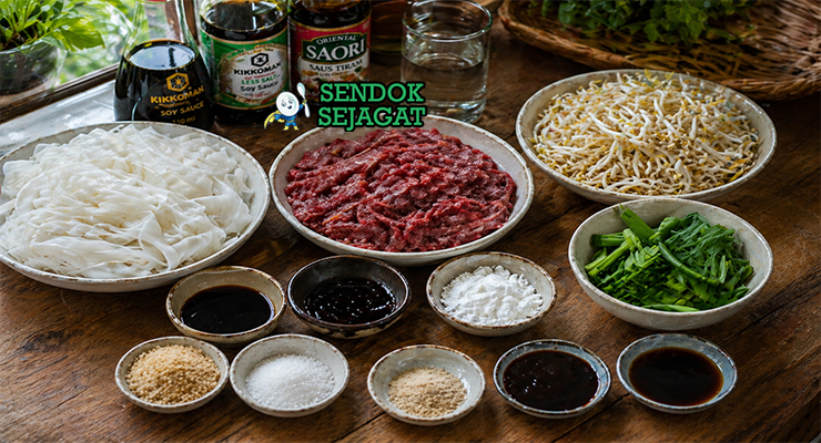 Susunan bahan beef chow fun terdiri dari mie beras lebar, irisan daging sapi, tauge, daun bawang, kecap asin, saus tiram, dan minyak wijen di atas meja dapur