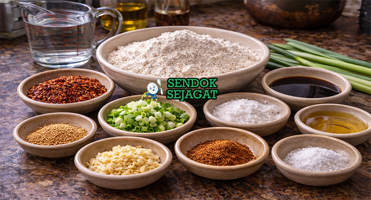 Bahan-bahan resep biang biang noodles tersusun rapi di meja dapur kayu, termasuk tepung terigu, bawang putih, bubuk cabai, dan daun bawang segar