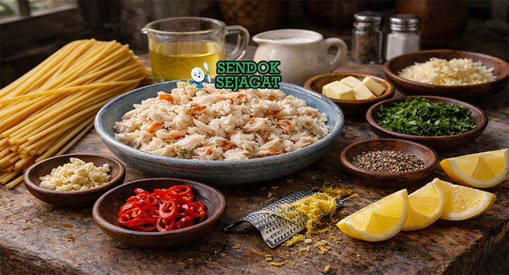 Koleksi bahan resep Blue Swimmer Crab Pasta termasuk daging kepiting biru, pasta, krim kental, bawang putih, cabai, lemon, peterseli, dan rempah siap dimasak