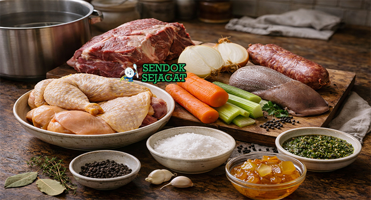 Koleksi bahan resep bollito misto termasuk daging sapi, ayam, lidah sapi, sosis cotechino, wortel, seledri, bawang bombay, dan rempah siap dimasak