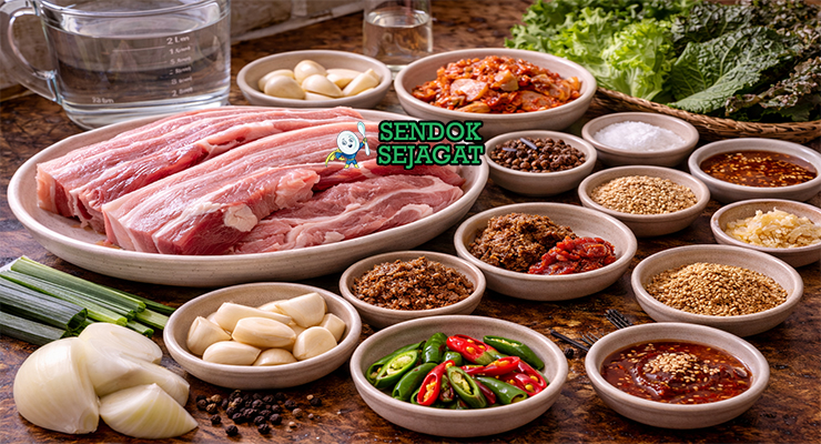 Bahan-bahan segar resep bossam terdiri dari potongan daging perut babi tebal, bawang bombay, jahe, bawang putih, doenjang, dan gochujang siap direbus di dapur rumah