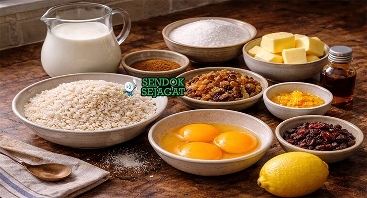 Koleksi bahan resep budino di riso termasuk beras Arborio, susu, gula, kuning telur, lemon, kayu manis, dan mentega siap dimasak