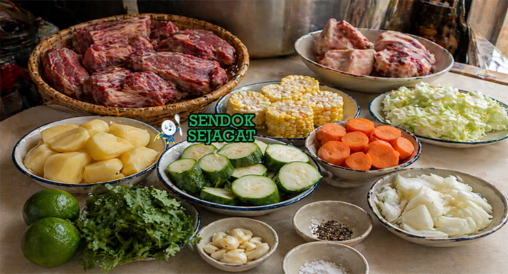 Daging sapi, jagung, wortel, kentang, kol, dan daun ketumbar tersusun rapi sebagai bahan sup