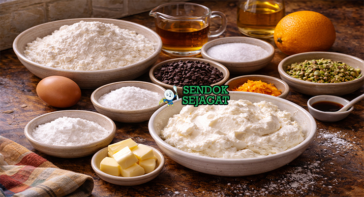 Koleksi bahan resep cannoli termasuk tepung terigu, ricotta cheese, gula bubuk, cokelat chip, pistachio, dan marsala wine siap dimasak