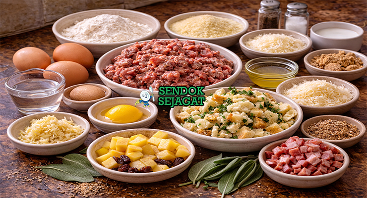 Bahan segar resep casoncelli seperti tepung terigu, daging cincang, pir matang, amaretti cookies, keju Grana Padano, kismis, dan rempah-rempah siap diolah