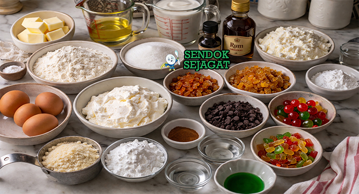 Bahan-bahan resep cassata siciliana terdiri dari ricotta segar, tepung almond untuk marzipan, kulit jeruk manis, dark chocolate chips, telur, dan gula siap dirakit di dapur rumah