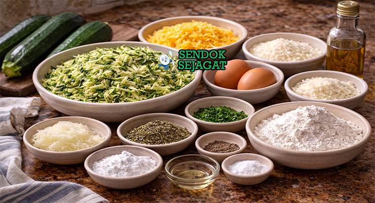 Bahan-bahan resep cheesy zucchini fritters terdiri dari zucchini segar parut, keju cheddar dan parmesan, telur, tepung, serta bumbu aromatik siap digoreng di dapur rumah
