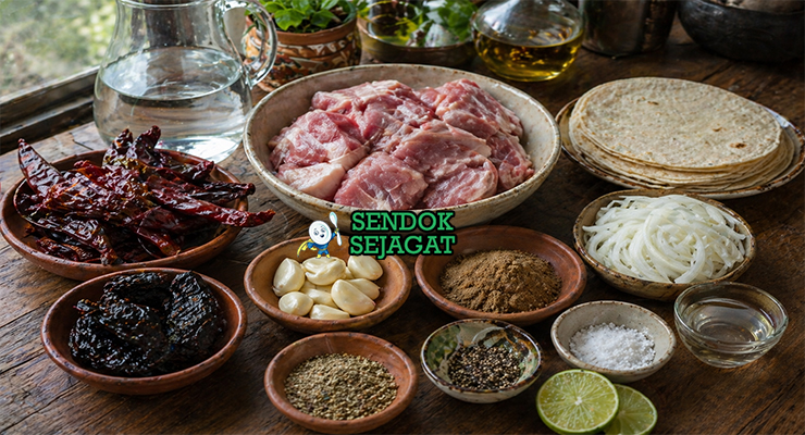 Susunan bahan chilorio terdiri dari daging babi, cabai guajillo kering, bawang putih, cuka, oregano, dan rempah lain tersusun rapi di meja dapur