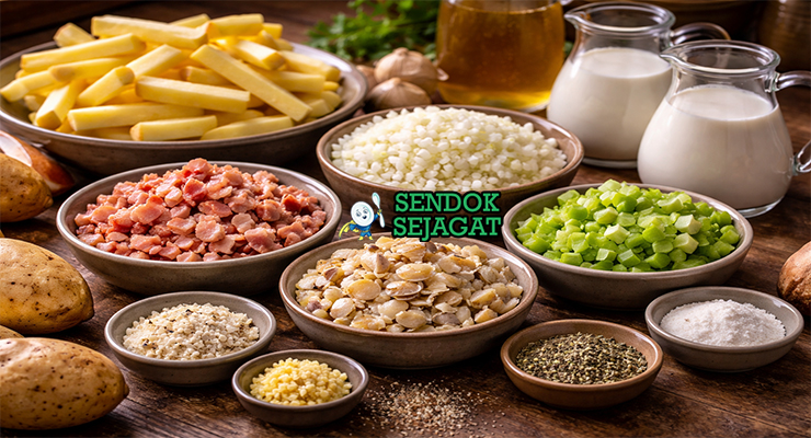 Koleksi bahan resep Chowder Fries termasuk kentang russet, kerang, bacon, bawang bombay, seledri, susu, krim kental, dan rempah siap digoreng dan dibuat kuah