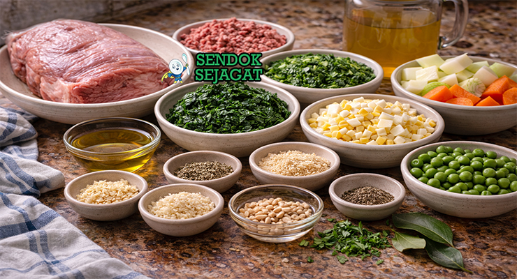 Bahan-bahan resep cima alla genovese terdiri dari dada sapi utuh, bayam segar, kacang polong, telur rebus, parmesan, pine nuts dan rempah marjoram siap diisi dan direbus di dapur rumah