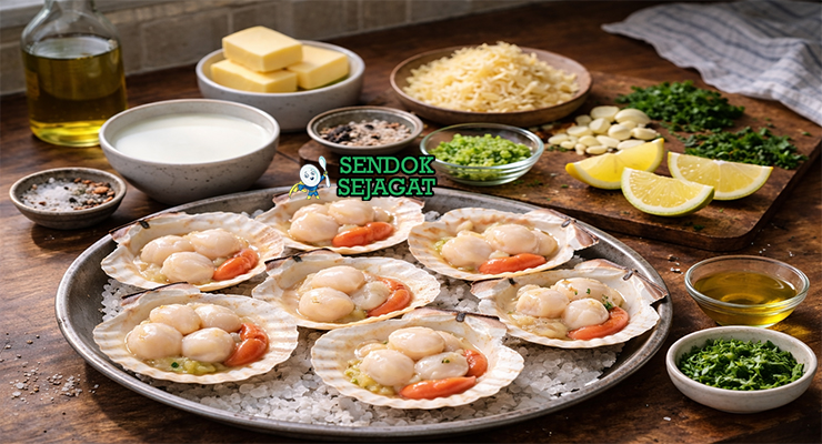 Koleksi bahan resep Coquilles St Jacques termasuk scallop segar, susu, keju, native lime, bawang putih, dan mentega siap dimasak