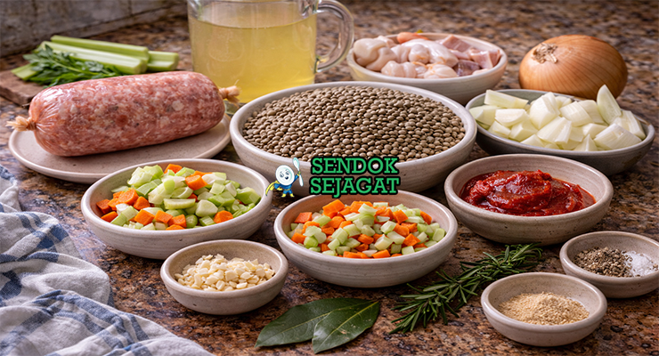 Bahan-bahan resep cotechino con lenticchie terdiri dari cotechino segar, lentil hijau, wortel, seledri, bawang bombay, rosemary serta kaldu siap direbus dan dimasak di dapur rumah
