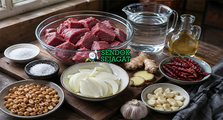 Daging sapi, bawang, cabai, jahe, kacang tanah, minyak, dan rempah khas Afrika tersusun rapi sebagai bahan utama Dambu Nama