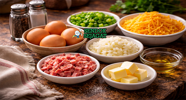 Koleksi bahan resep Denver Omelette termasuk telur, ham, paprika hijau, bawang bombay, keju cheddar, mentega, garam, dan merica siap dimasak