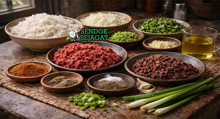 Koleksi bahan resep Dirty Rice termasuk nasi putih, daging sapi cincang, hati ayam, bawang bombay, seledri, paprika hijau, bawang putih, dan rempah Cajun siap ditumis
