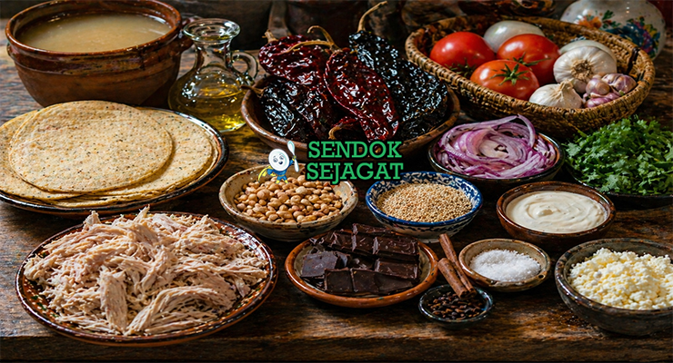 Tortilla jagung, cabai kering, cokelat hitam, kacang tanah, wijen, ayam suwir, bawang putih, dan rempah tersusun rapi sebagai bahan enmoladas khas Meksiko