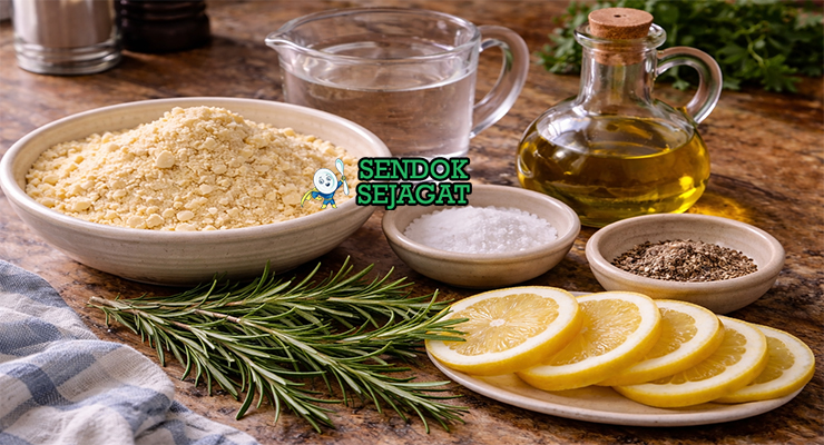 Bahan-bahan lengkap resep farinata khas Genoa termasuk tepung kacang garbanzo, air, garam, minyak zaitun extra virgin, dan rosemary segar