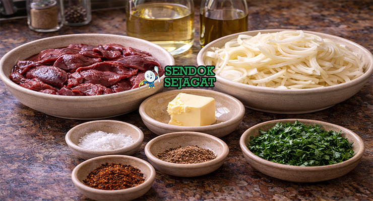 Bahan-bahan resep fegato alla veneziana tersusun rapi di meja dapur kayu, termasuk hati sapi muda iris tipis, bawang bombai segar, mentega, minyak zaitun, anggur putih, dan peterseli