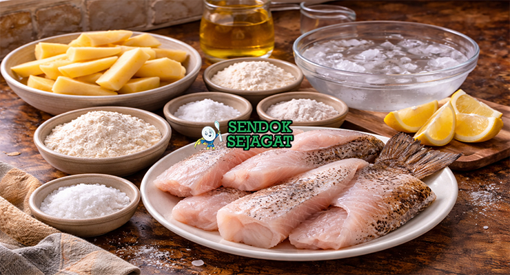 Koleksi bahan resep flathead tail fish & chips termasuk fillet flathead, kentang, tepung terigu, tepung jagung, baking powder, dan minyak goreng siap dimasak
