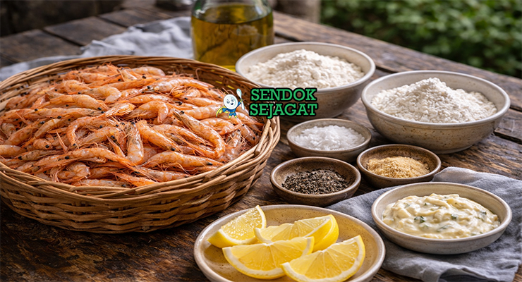 Koleksi bahan resep fried school prawns termasuk udang kecil segar, tepung terigu, tepung jagung, garam, merica, dan minyak goreng siap dimasak