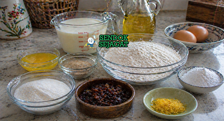 Tepung, telur, susu, gula, ragi, dan kismis tersusun rapi sebagai bahan adonan frittelle