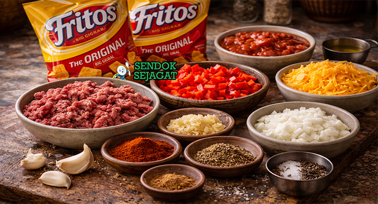 Koleksi bahan resep Frito Pie termasuk Fritos corn chips, daging sapi cincang, bawang bombay, paprika, tomat kaleng, rempah Cajun, dan keju cheddar siap diracik