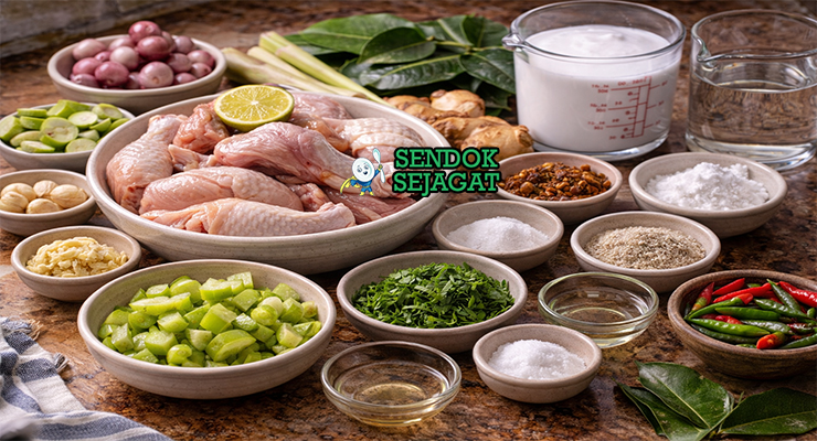 Bahan-bahan resep garang asem ayam terdiri dari ayam kampung segar, belimbing wuluh, tomat hijau, cabe rawit, rempah daun salam serta santan siap dimasak di dapur rumah