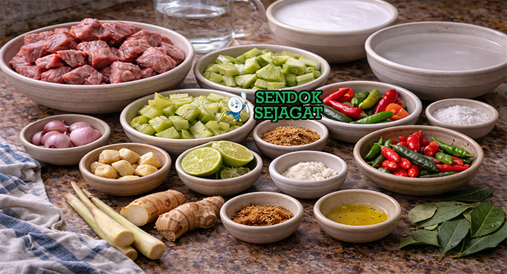 Bahan-bahan resep garang asem daging sapi terdiri dari daging sapi sandung lamur, belimbing wuluh, tomat hijau, cabe rawit, rempah daun salam serta santan siap dimasak di dapur rumah