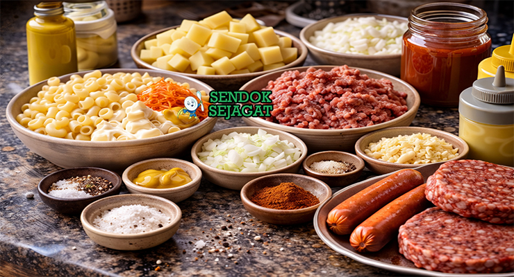Koleksi bahan resep Garbage Plate termasuk Fritos, daging sapi cincang, macaroni, kentang, saus tomat, bawang bombay, dan rempah siap disusun