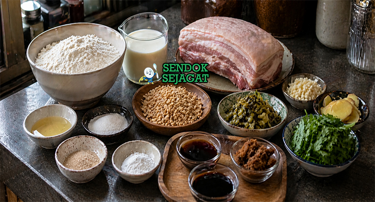 Susunan bahan Gua Bao seperti tepung, ragi, daging babi, kecap asin, gula, kacang tanah, dan daun ketumbar dalam wadah terpisah