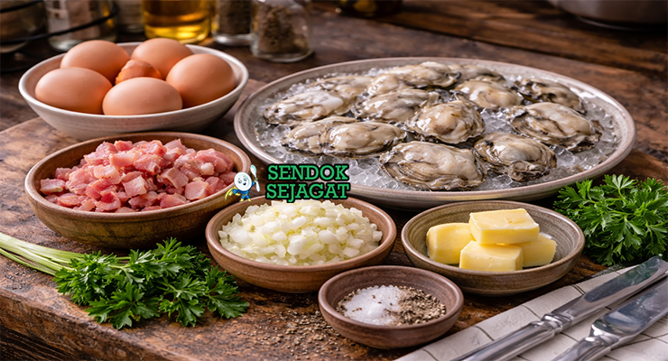 Koleksi bahan resep Hangtown Fry termasuk telur, oyster segar, bacon, bawang bombay, mentega, garam, dan merica siap dimasak