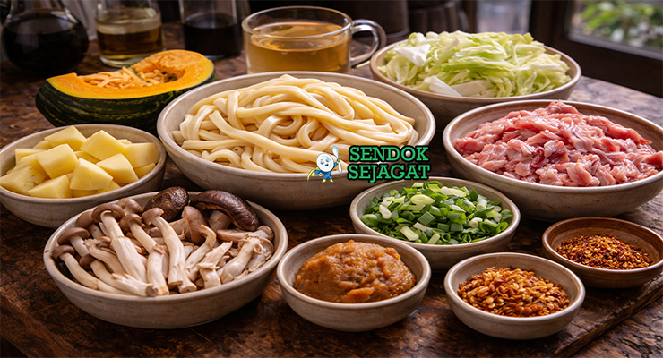 Koleksi bahan resep houtou fudou termasuk mi tebal, labu kabocha, wortel, kentang, daging babi, miso, dan sayuran musiman siap dimasak