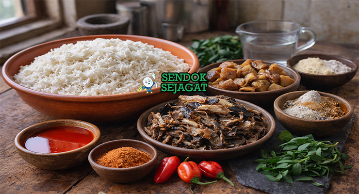 Koleksi bahan resep ikokore termasuk ubi air, ikan asap, ponmo, cabai scotch bonnet, crayfish, palm oil, dan bawang siap dimasak