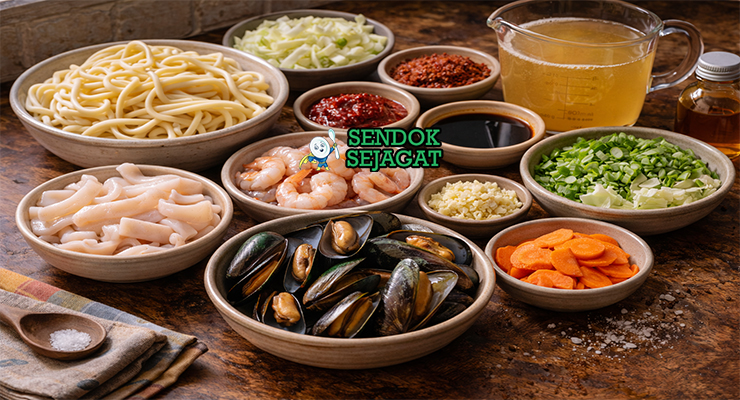 Koleksi bahan resep jjambbong termasuk mie tebal, cumi, udang, kerang, gochujang, gochugaru, wortel, kubis, dan bawang siap dimasak