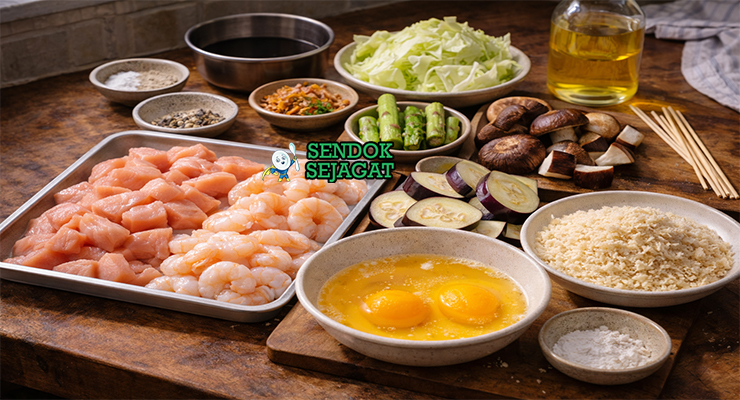 Koleksi bahan resep kushikatsu termasuk daging ayam, udang, terong, kubis, jamur shiitake, tepung terigu, telur, dan panko siap digoreng
