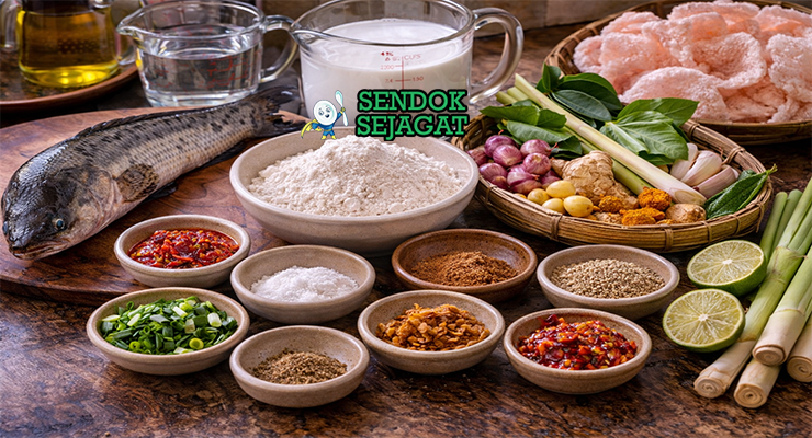 Bahan-bahan lengkap resep Laksa Banjar autentik seperti ikan gabus segar, tepung beras, santan, bawang merah, kunyit, serai dan daun jeruk tersusun rapi di dapur rumah
