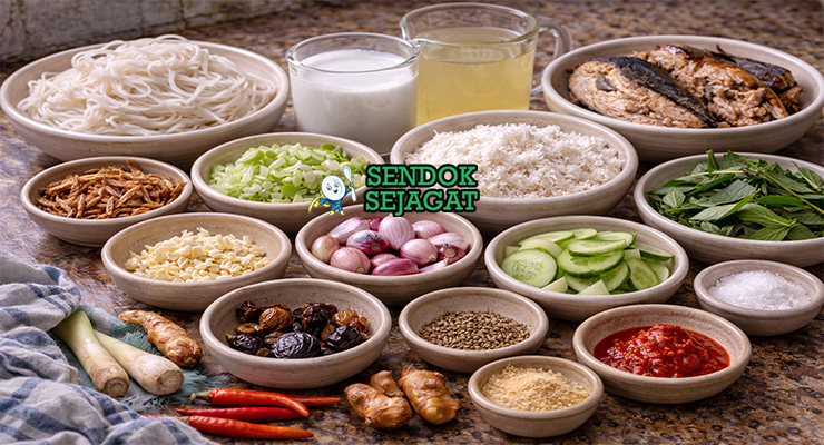 Bahan-bahan lengkap resep laksa tambelan khas Bintan termasuk mie sagu, ikan tongkol asap, kelapa parut untuk kerisik, dan rempah-rempah Melayu segar