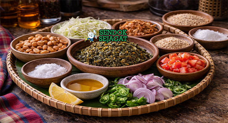Koleksi bahan resep Laphet Thoke termasuk laphet fermentasi, kacang tanah, bawang goreng, wijen, tomat, kubis, bawang merah, cabai, dan jeruk nipis siap diaduk
